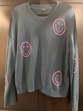 Rails Navy Crewneck Sweater with Hot Pink Smiley Faces